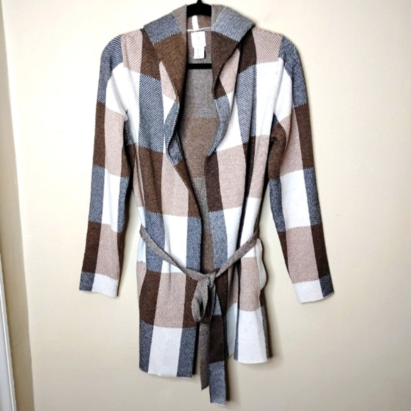 Joie Plaid Knit Hooded Jacket Women’s Large Belted Waist Preppy Travel Layering - Picture 2 of 7